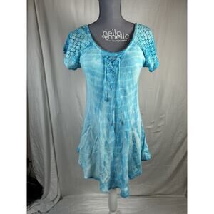 Aqua Beach Tie Dye Cover Up Dress One Size Lace Sleeve Boho Coastal NWT Resort